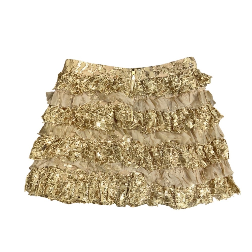 Alice + Olivia Gold Metallic Lace Tiered Ruffle Mini Skirt 8 party goingout - Picture 2 of 7